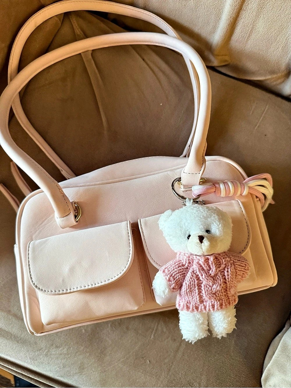 Pink Shoulder Bag with Teddy Bear Charm – New